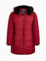 Fit & Flare Puffer Jacket - Deep Red with Black Trim, RED, hi-res