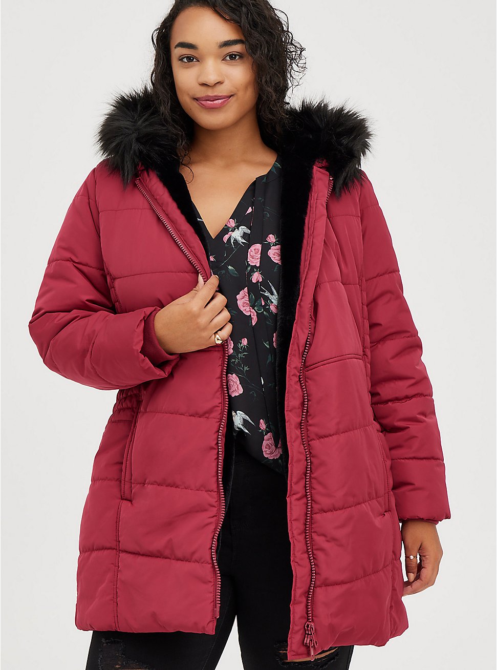 Fit & Flare Puffer Jacket - Deep Red with Black Trim, RED, hi-res