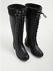 Knee Lace-up Sweater Boot - Pebbled Faux Leather (WW), BLACK, alternate