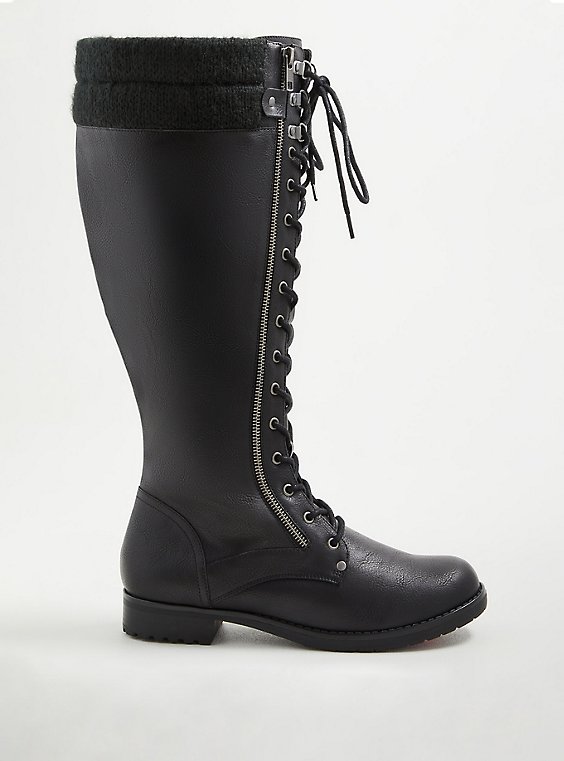 Over-The-Knee Laceup Sweater Boot - Pebbled Faux Leather (WW), BLACK, hi-res