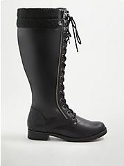 Plus Size Knee Lace-up Sweater Boot - Pebbled Faux Leather (WW), BLACK, hi-res