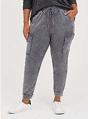 Plus Size Relaxed Fit Cargo Pocket Jogger - Stretch Challis Grey Wash, MAGNET, hi-res