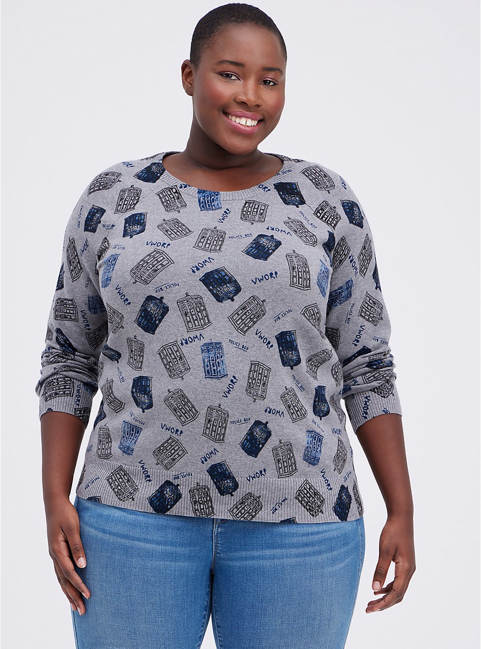  Pullover Sweater - Her Universe Dr. Who TARDIS , HEATHER GREY, hi-res