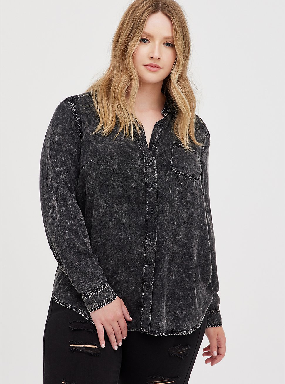 Lizzie Rayon Twill Button-Up Long Sleeve Shirt, DEEP BLACK, hi-res