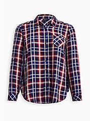Lizzie Rayon Twill Button-Up Long Sleeve Shirt, PLAID NAVY, hi-res