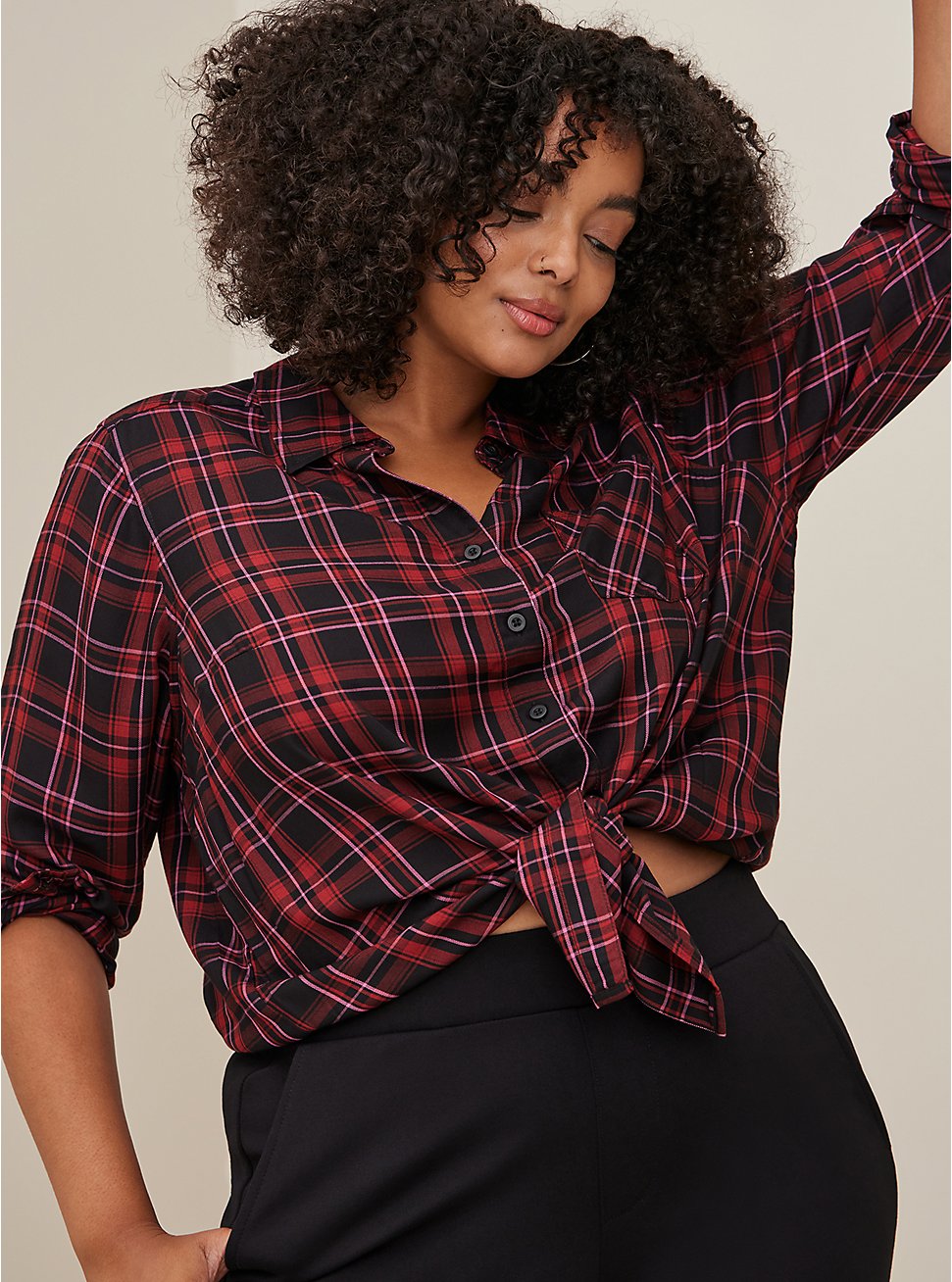 Lizzie Rayon Twill Button-Up Long Sleeve Shirt, ANISE PLAID, hi-res