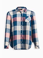 Lizzie Rayon Twill Button-Up Long Sleeve Shirt, BLUE PINK PLAID, hi-res