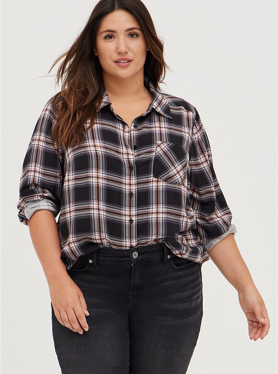 Breast Cancer Awareness Button Down Shirt - Twill Black & Pink, PLAID - GREY, hi-res