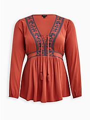 Embroidered Lace Up Babydoll Top - Textured Challis Rust , REDWOOD, hi-res