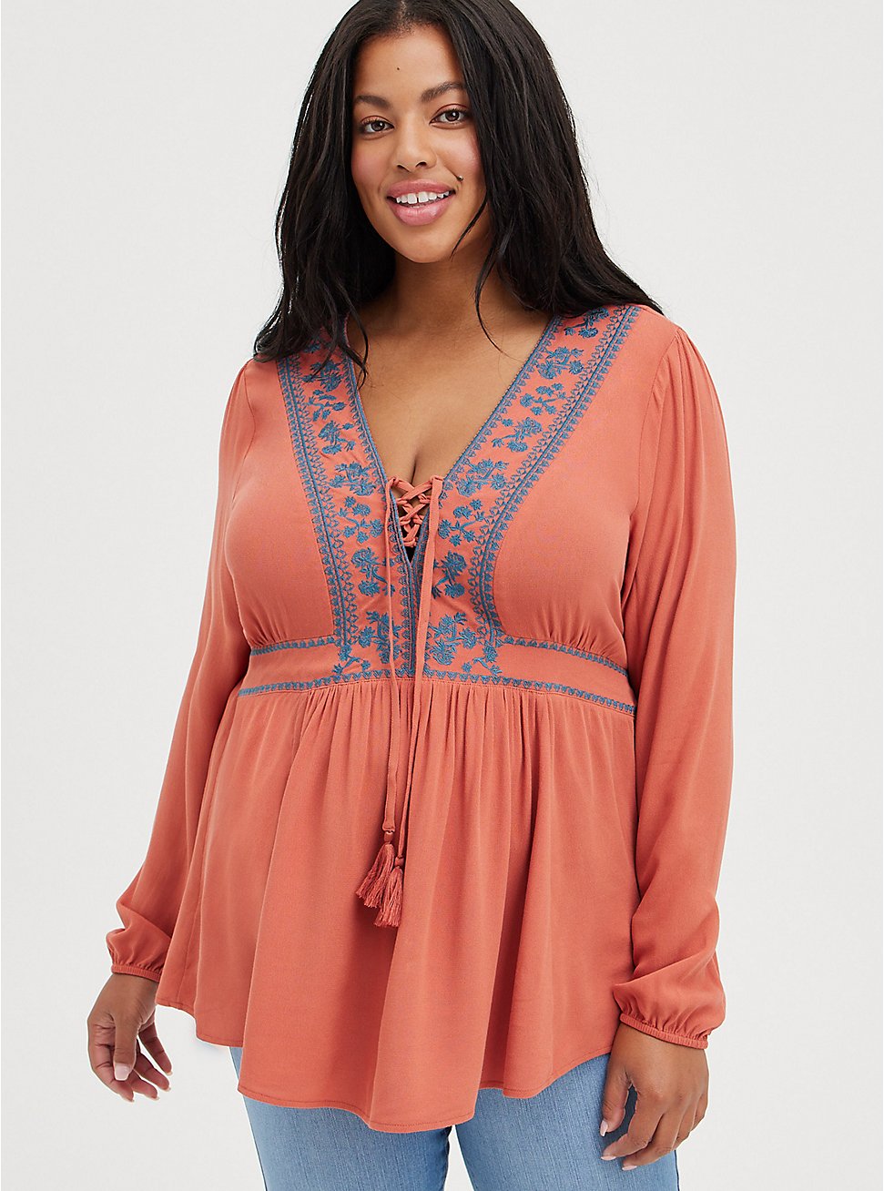 Embroidered Lace Up Babydoll Top - Textured Challis Rust , REDWOOD, hi-res