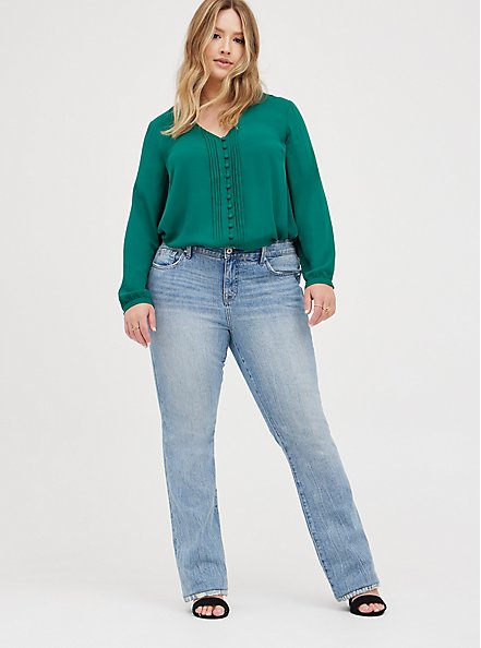 Georgette Pintuck Button-Front Blouse, EVERGREEN, alternate