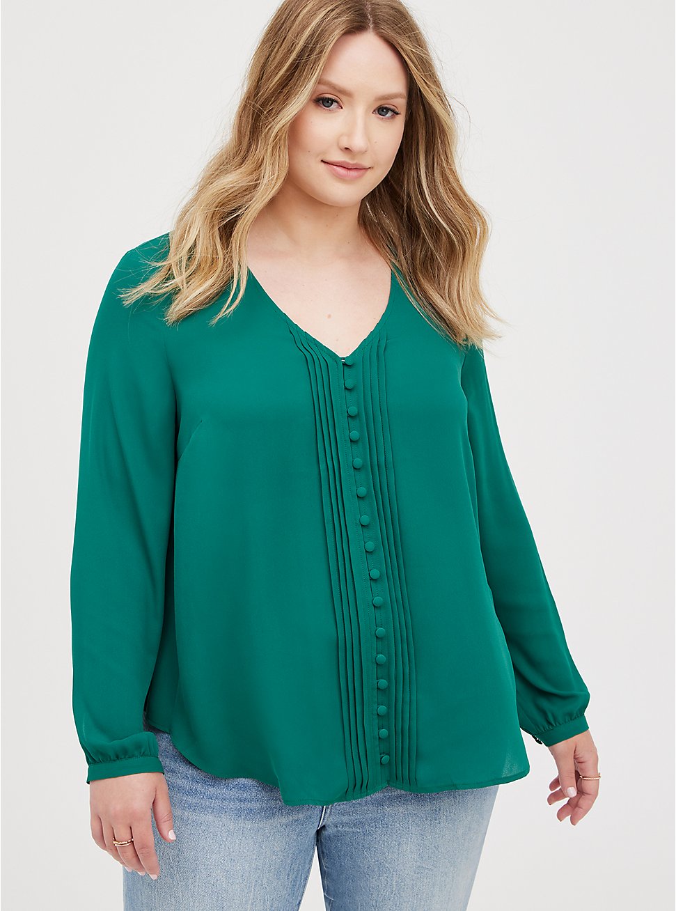 Plus Size Pintuck Blouse - Georgette Green, EVERGREEN, hi-res