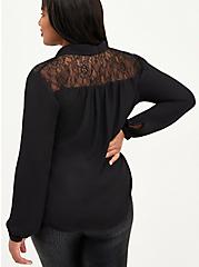 Georgette Lace Trim Drop Shoulder Button-Up Shirt, DEEP BLACK, alternate