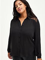 Georgette Lace Trim Drop Shoulder Button-Up Shirt, DEEP BLACK, hi-res