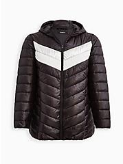 Plus Size Lightweight Packable Puffer Jacket - Nylon Chevron Black, DEEP BLACK, hi-res