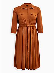Plus Size Belted Midi Shirt Dress - Textured Stretch Rayon Light Brown, ROASTED PECAN, hi-res
