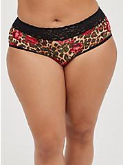 Plus Size Wide Lace Trim Second Skin Cheeky Panty - Leopard Floral , TRADITIONAL ROSES, hi-res