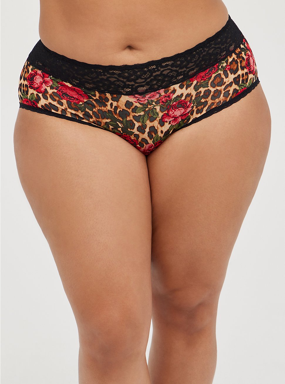 Plus Size Wide Lace Trim Second Skin Cheeky Panty - Leopard Floral , TRADITIONAL ROSES, hi-res