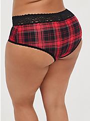Plus Size Wide Lace Trim Cheeky Panty - Microfiber Plaid Red, NY PLAID, alternate