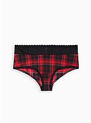 Plus Size Wide Lace Trim Cheeky Panty - Microfiber Plaid Red, NY PLAID, hi-res