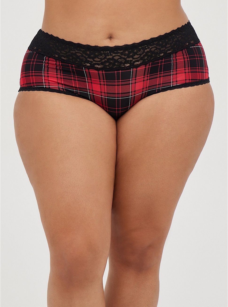 Wide Lace Trim Cheeky Panty - Microfiber Plaid Red, NY PLAID, hi-res