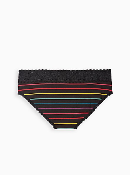 Plus Size Wide Lace Trim Hipster Panty - Cotton Rainbow Stripe Black, OPTIMIST STRIPE, alternate