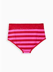 Wide Lace Trim Brief Panty - Cotton Stripe Red & Pink, , alternate