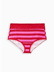 Plus Size Wide Lace Trim Brief Panty - Cotton Stripe Red & Pink, , hi-res
