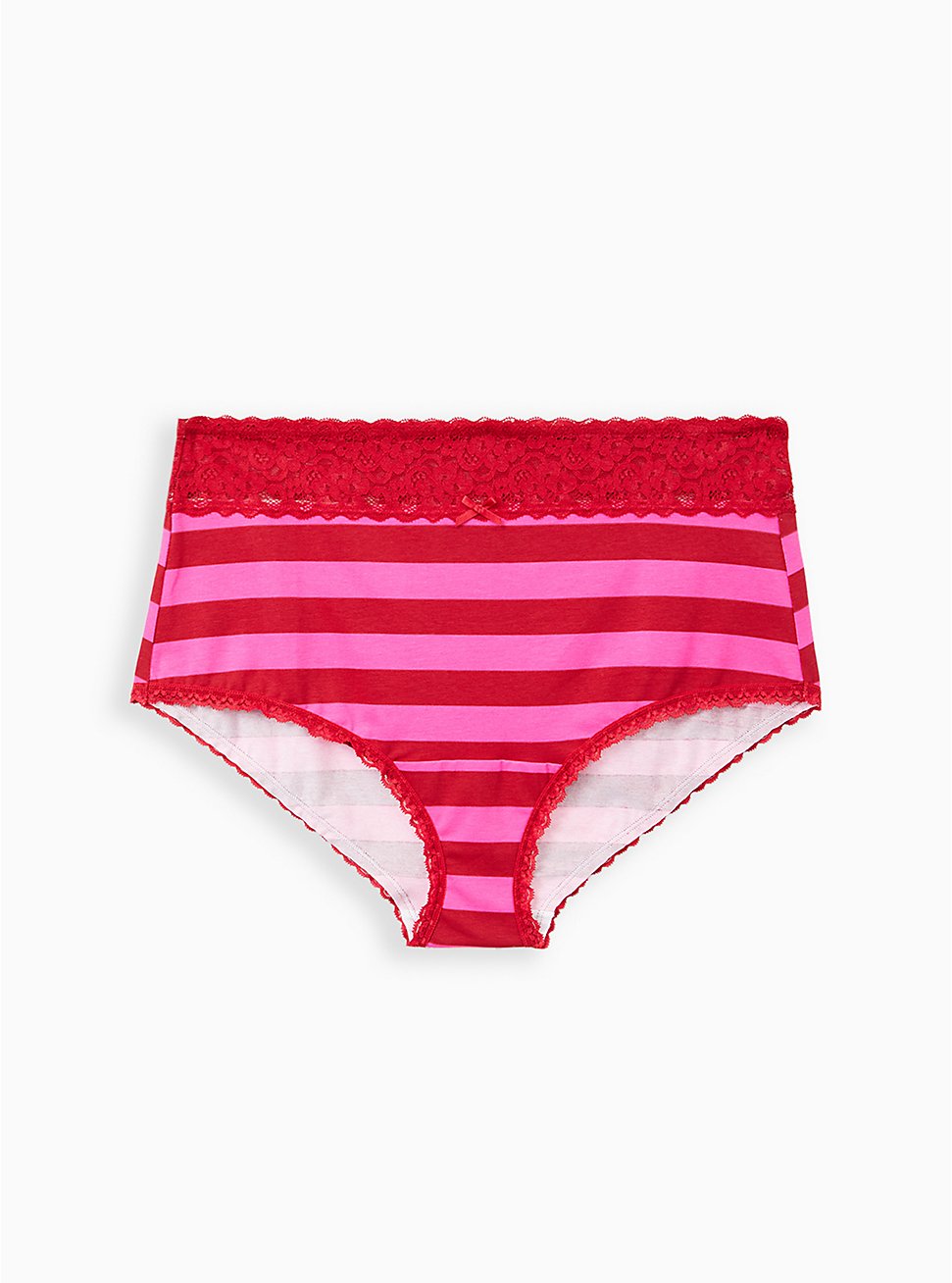 Plus Size Wide Lace Trim Brief Panty - Cotton Stripe Red & Pink, , hi-res