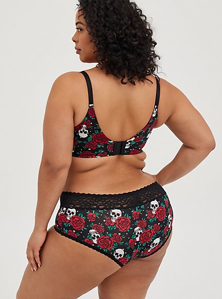 Second Skin Cheeky Panty - Wide Lace Roses and Skull Black, TATTOO ROSES AND SKULLS- BLACK, alternate