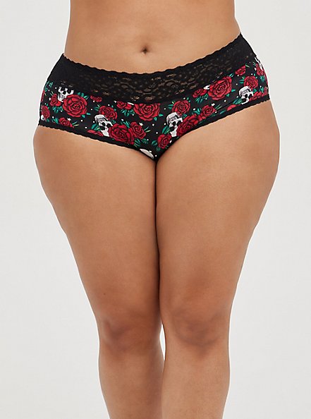 Second Skin Cheeky Panty - Wide Lace Roses and Skull Black, TATTOO ROSES AND SKULLS- BLACK, hi-res