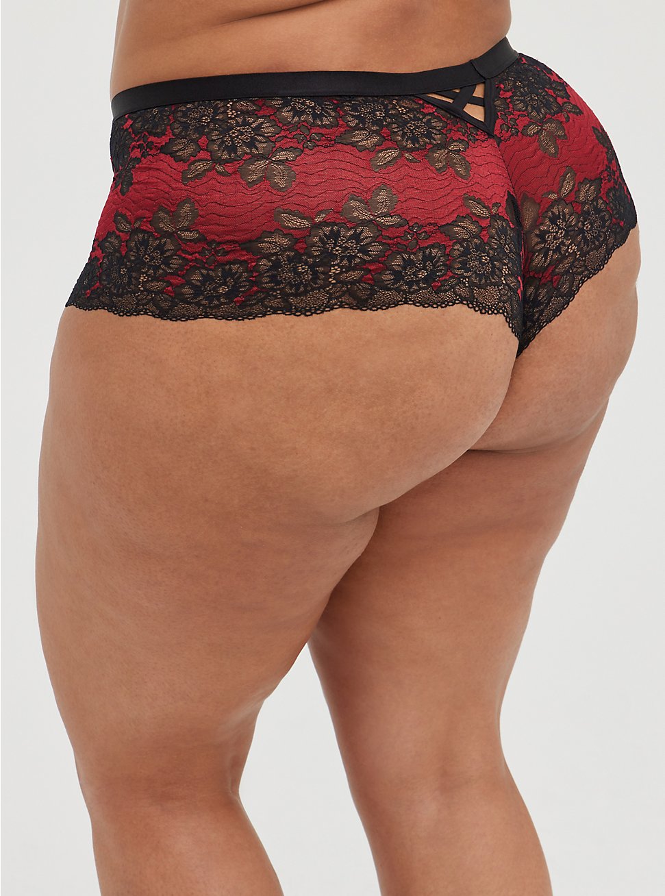 Plus Size Boudoir Lattice Back Cheeky Panty - Red & Black, BIKING RED, hi-res