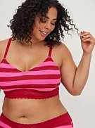 Lightly Padded Bralette - Wide Lace Cotton Red & Pink Stripe, , hi-res