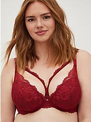 Plus Size Push-Up Plunge Strappy V Bra - Lace Red, BIKING RED, hi-res