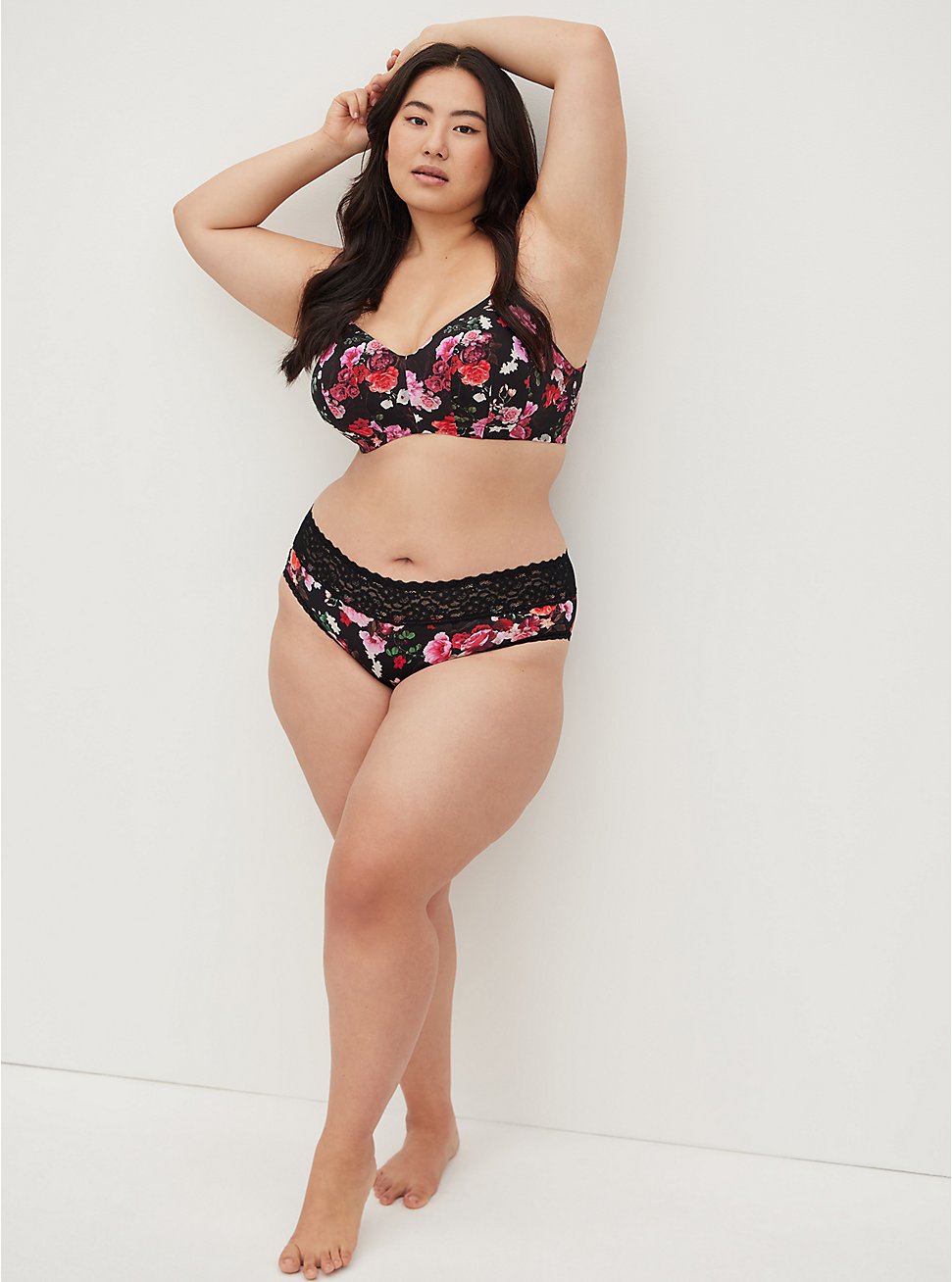 Plus Size Hipster Panty - Second Skin Floral Black & Pink , MARAH FLORAL- BLACK, hi-res