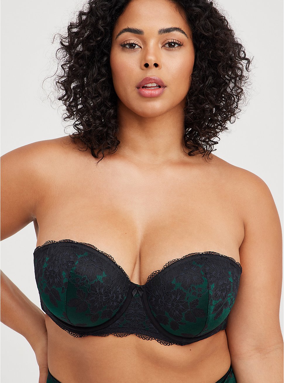 Plus Size Strapless Push-Up Two Tone Lace Straight Back Bra, BOTANICAL GREEN, hi-res