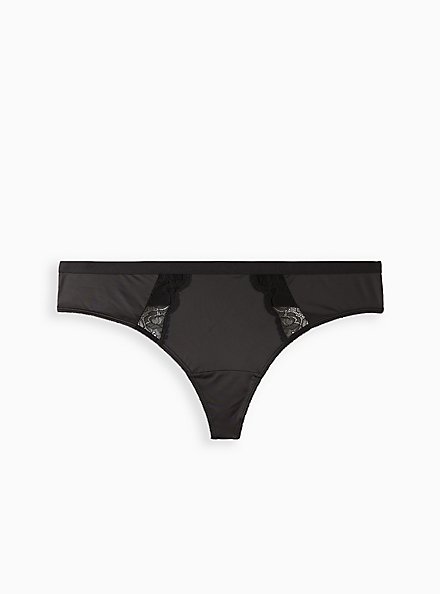 Plus Size Cut Out Thong Panty - Microfiber & Lace, RICH BLACK, hi-res