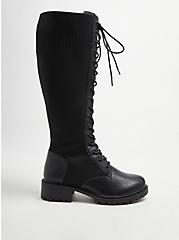 Plus Size Stretch Knit Combat Knee Boot - Black Faux Leather (WW), BLACK, alternate