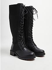 Plus Size Stretch Knit Combat Knee Boot - Black Faux Leather (WW), BLACK, hi-res