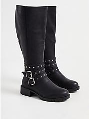 Plus Size Studded Wrap Knee Boot - Black Faux Leather (WW), BLACK, hi-res