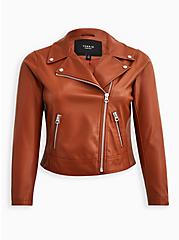 Plus Size Faux Leather Moto Jacket, COGNAC, hi-res