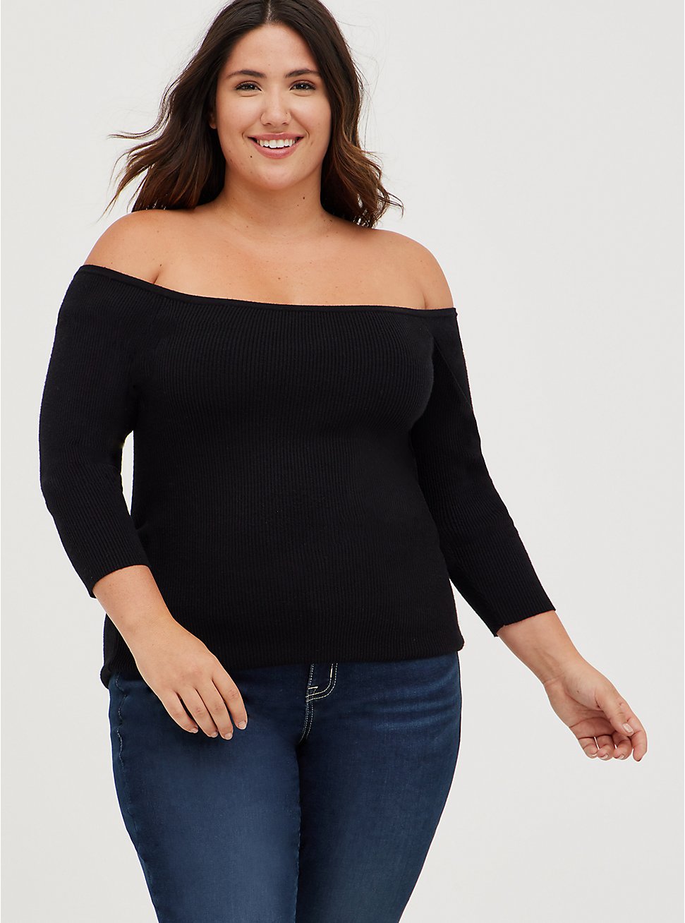 Plus Size Off-Shoulder Sweater - Crop Black, , hi-res