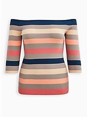 Off-Shoulder Sweater - Crop Multi-Stripe , FLAMINGO - PINK, hi-res
