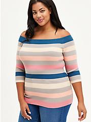 Off-Shoulder Sweater - Crop Multi-Stripe , FLAMINGO - PINK, hi-res