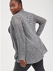 Pointelle Cardigan Curved Hem Sweater, GREY, alternate