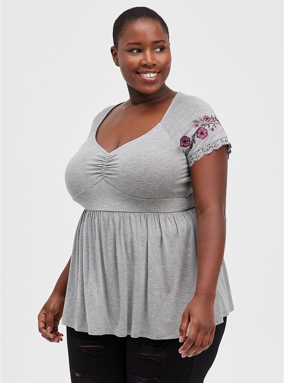 Plus Size Babydoll Top - Super Soft Embroidered Heather Grey, HEATHER GREY, hi-res