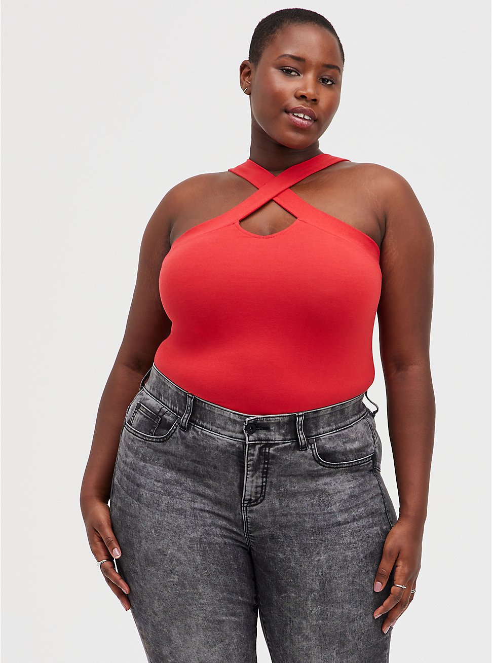 Plus Size Foxy High Neck Criss Cross Halter Top, RED, hi-res
