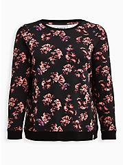Plus Size Breast Cancer Awareness Active Sweatshirt - Everyday Fleece Roses Black, FLORAL - BLACK, hi-res