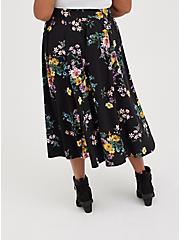 Button Front Tea Length Skirt - Challis Floral Black, FLORAL - BLACK, alternate