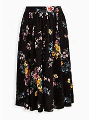 Plus Size Button Front Tea Length Skirt - Challis Floral Black, FLORAL - BLACK, hi-res